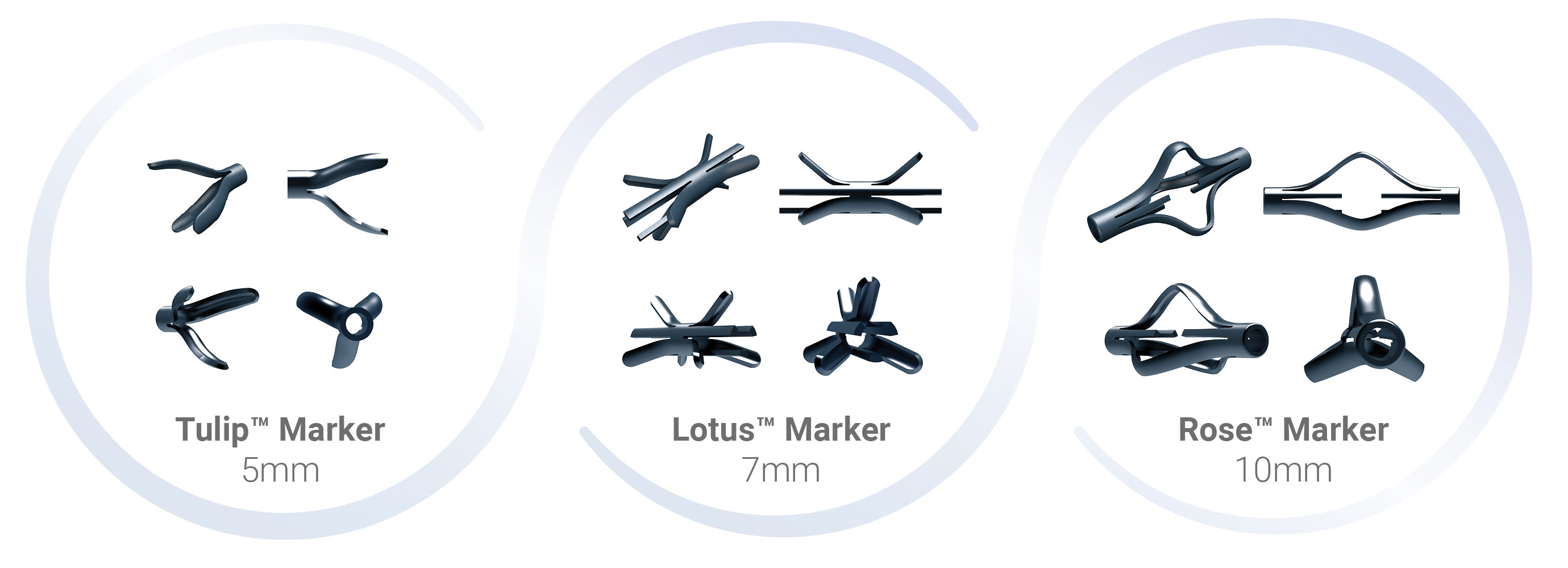 LumiMARK marker shapes Tulip, Lotus, and Rose at different angle views